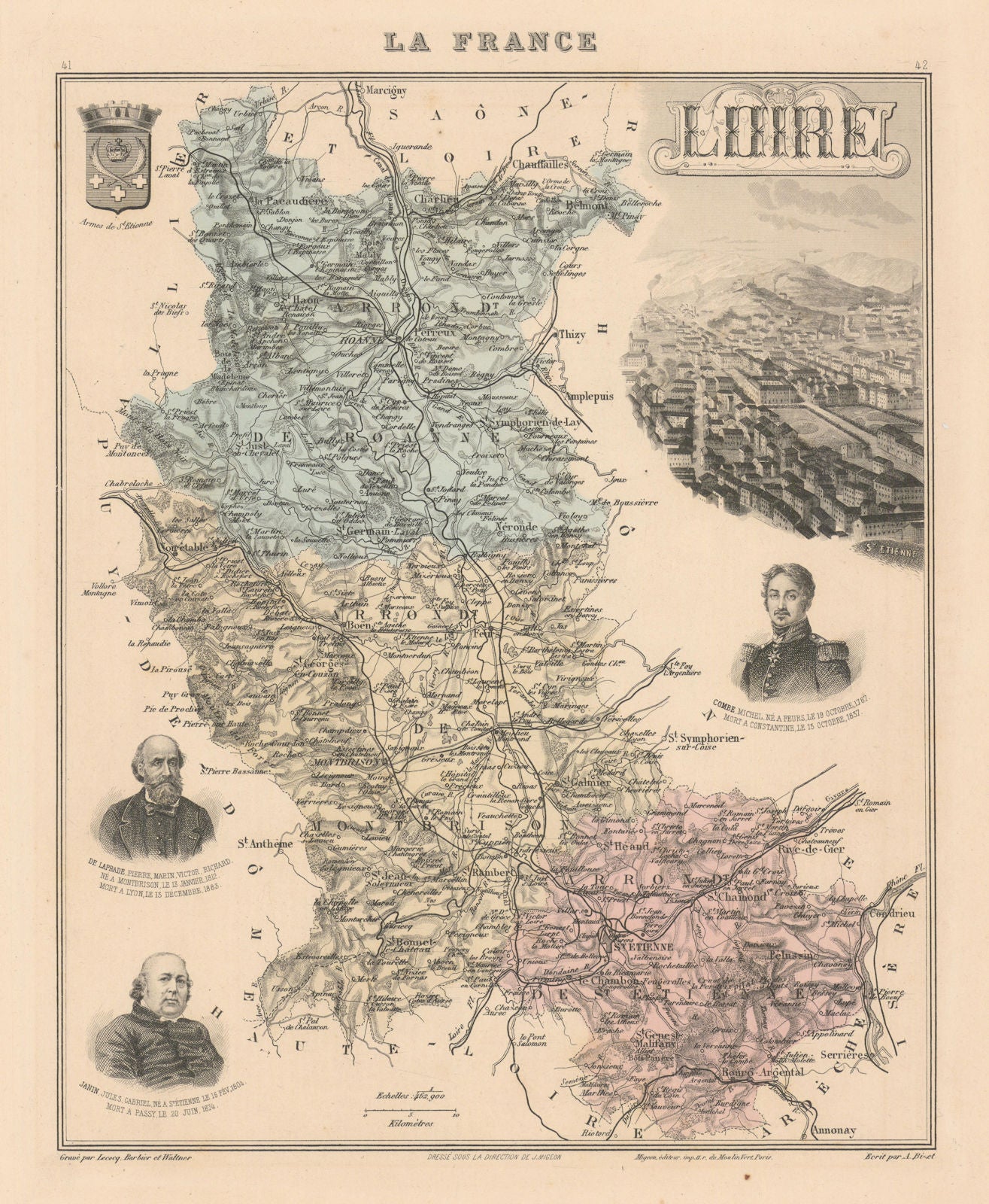 Loire département. Saint-Étienne vignette. Vuillemin 1890 old antique map